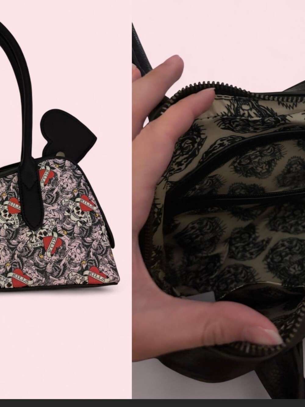 Ed Hardy Black and Pink Printed Dome Satchel with Heart Detail